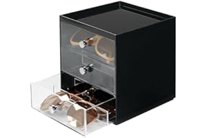 mDesign boîte de rangement pour lunettes – support à lunettes en plastique et métal avec 3 tiroirs – accessoire de rangement pour lunettes de lecture ou de soleil – noir et transparent