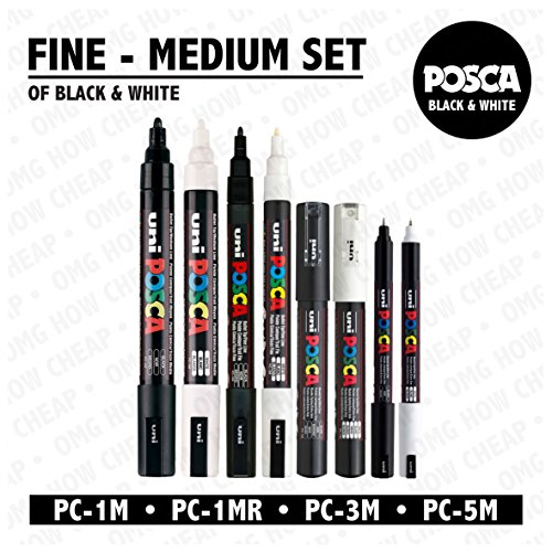 Vente FR Posca PC-5M/PC-3M/PC-1M/PC-1MR Lot de 8 stylos à pointe fine et moyenne Noir/blanc