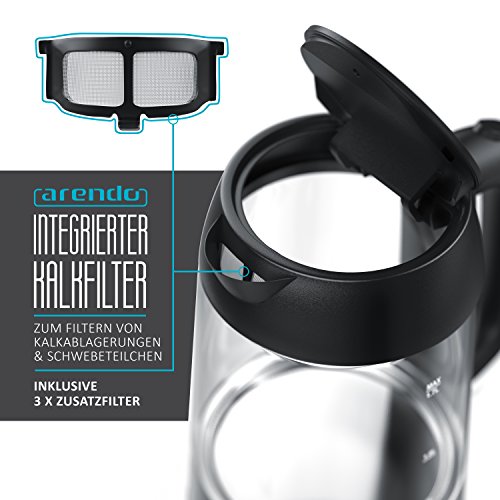 Arendo – Edelstahl-Glas-Wasserkocher inkl. LED-Innenbeleuchtung | Edelstahl-Glas-Optik | STRIX-Controller | integrierter Kalkfilter | 1,7 Liter | 2200 Watt | automatische Abschaltung | One-Touch-Verschluss - 5