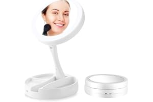 DOEDOEFONG Miroir Grossissant avec Lumière, Miroir Maquillage 10x/1x, Double Face, Miroir de Maquillage Portable, Rechargeable et Pliable, USB Miroir de Table Rotation à 360° pour Maquillage et Voyage