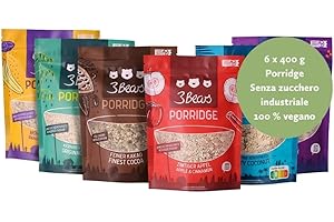 3Bears Porridge Classic Set I 6 bustine di porridge vegano da 400 g nei gusti mela-cannella, banana-semi di papavero, cacao, frutti di bosco e classico I deliziosi fiocchi d'avena senza zucchero