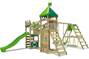FATMOOSE Wooden climbing frame RiverRun Royal XXL with SwingSurf, swing set & apple green slide, Outdoor kids playhouse with sandpit, climbing ladder & play-accessories for the garden