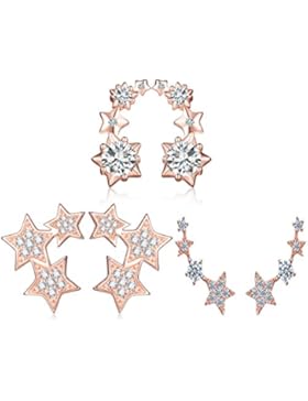Yumilok 3 Paare Roségold 925 Sterling Silber Zirkonia Sterne Ohrstecker Set Ohrklemme Ohrringe Ear Cuffs für Damen...