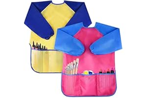 Amaza 2Pcs Grembiule da Pittura Scuola Grembiulino Maniche Lunghe Bambini 2-8 Anni (Giallo & Rosa)