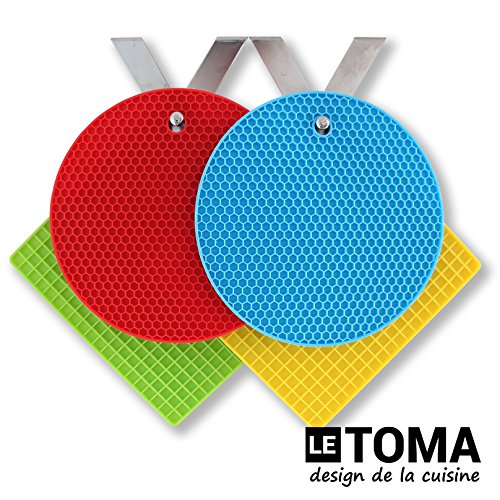 LeTOMA – Topfuntersetzer / Topflappen aus Silikon – 4er Set extrem robust & hitzebeständig – Blau/Rot - 8