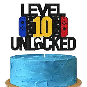 FestikoLevel 10th Unlocked Sign Cake Topper Happy 10th Birthday Level Up Tenth Cake Decorations for Video Game Controller Themed Kids Boy Girl Bday Party Supplies Double Sided