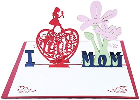 Aruie 3D Greeting Card Heart Open I Love Mom Alphabet Artificial Flower Printed Paper Folded Mother's Day Handmade Blessing Card Gift for Mum