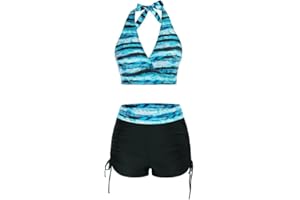 JASAMBAC Women's Bikini Sets Soft Bikini Top & High-Waisted Drawstring Ruched Boyshorts Swimwear Elastic Swimming Costume Soft Swimsuits Bathing Suits