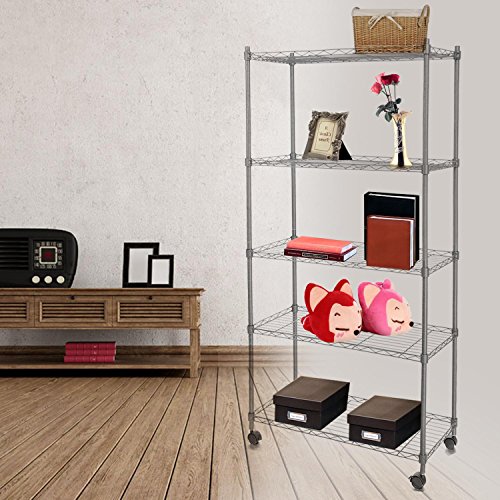 Bunao [ UK STOCK ] 5 Tiers Rolling Carts with Wheels Wire Shelving Casters Rack Shelves Unit Steel Construction (Silver)