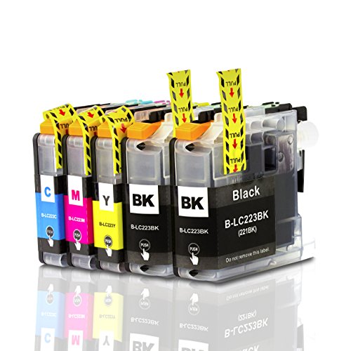 Liondo® kompatible 5er Pack Tinten / Druckerpatronen für Brother LC-221 / LC-223 (2 Schwarz, 1 Blau, 1 Gelb und 1 Magenta) für Farbtintenstrahl-Multifunktionsdrucker – Brother DCP-J4120 DW | Brother MFC-J4420 DW, MFC-J4620 DW, MFC-J5320 DW, MFC-J5620 DW, MFC-J5720 DW, Schwarz (BK) je 20ml, Color (C, Y, M) je 10ml - 2