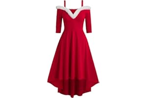 WVONIF Robe Noël Femme Grande Taille Nouveauté Col en V Duveteux Robe Noel Rouge Mignon Imprimé Rose Cocktail Soirée Rockabilly Décontractée au Genou Midi Robes Christmas Dress Déguisement Père Noël Costume