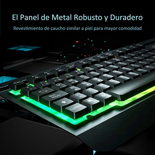 VICTSING Teclado Gaming Espa  ol USB  LED Multicolores Rainbow Retroiluminaci  n con 12 Teclas Multimedia y 19 Teclas Anti-ghosting  Teclado Retroiluminado Espa  ol de Panel Completamente Met  lico Ideal para Juegos-Negro
