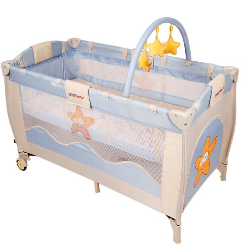 Baby Bed Travel Cot (sand/light blue) Portable Child Furniture with Toys 0-36 months