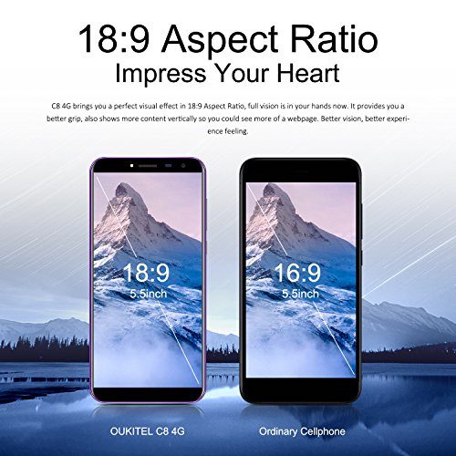 OUKITEL C8 4G Smartphone (5.5 Zoll 18:9 VerhÃ¤ltnis Vollbild) 3000mAh Android 7.0 Quad-Core 2GB RAM+16GB ROM 13MP+9MP Dual Kamera Dual SIM Handy Ohne Vertrag-Lila