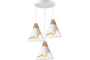 TOKIUS Suspension Luminaire Moderne Industrielle Bois Lustre Abat-jour Métal Vintage forme Cage Ø25cm Plafonnier E27 Design pour Cuisine Chambre Salon (3 lampes - Blanc - base)