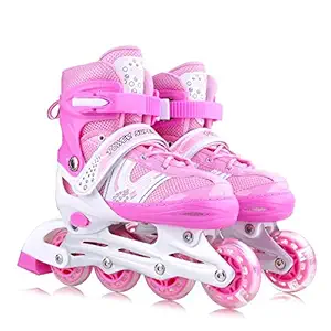 Jukkre Adjustable Inline Skates with Front Light up Wheels Beginner Skates Fun Illuminating Roller Skates for All Boys and Girls (PINK)