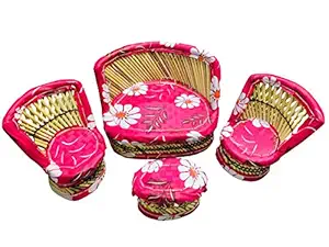 4 Pcs Set | Sofa | 2 Chair | Table | Kids Sofa Set Furniture and Furnishing Bamboo Toys Set/Muddha for Outdoor/Indoor/Showpieces Flower Style, Multicolour
