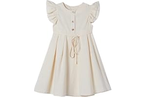 Ugitopi Little Girl Flutter Sleeve Cotton Linen Dress Toddler Kids Double Ruffle Casual Dresses