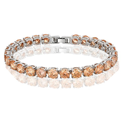Rizilia Tenis Pulsera [18cm/7inch] con Corte Redondo Piedras Preciosas Circonita CZ [Champán] en 18K Chapado en Oro Blanco, Elegancia Moderna Sencillo