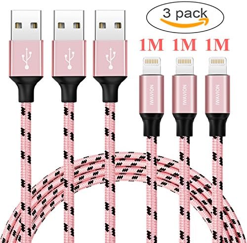 iPhone Charger, IWAVION 3Pack 3ft/1M Charger Cable Nylon Braided 8 Pin USB Data Sync Cord for Apple iPhone X/8/8plus/7/7Plus/6/6s/5/5S/5C/SE/Plus,iPad 4,iPad Air 1/2/Pro/Min, iPod Nano/Touch(Black/RoseG)