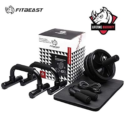 FitBeast 3-en-1 AB Wheel Appareil d'Entrainement à Domicile Rouleau avec Domicile avec Poignées de Pompe, Corde à Sauter, Tapis de Protection Genoux pour Core Fitness -FITBEAST