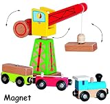 6 tlg. Set - MAGNET - Kran & Eisenbahn mit Anhänger Waggon & Ladebausteine - aus Holz - für Holzeisenbahn - passend für alle gängigen Schienen-Systeme - z.B. Brio / Heros / Eichhorn / Ikea u.v.m. - Zubehör magnetisch - Bahn / Kranset - Magnetkran Baustellen Fahrzeug