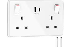 RICOKEY Double Plug Socket USB C Switched Wall Socket with 2 USB Ports Electrical Power Outlets 2 Gang 13A Twin Electric Double Sockets, White