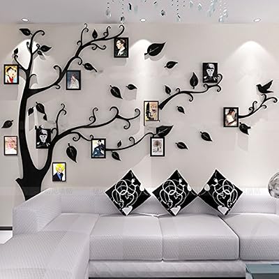 Alicemall Stickers Arbre Cadre Photo Stickers Muraux Salon Arbre Sticker Mural 3D Stickers Muraux TV Autocollants 3d Stickers Muraux 3d Plantes Stickers Muraux Oiseaux Décoration Mural Salon(arbre avec feuilles noires)