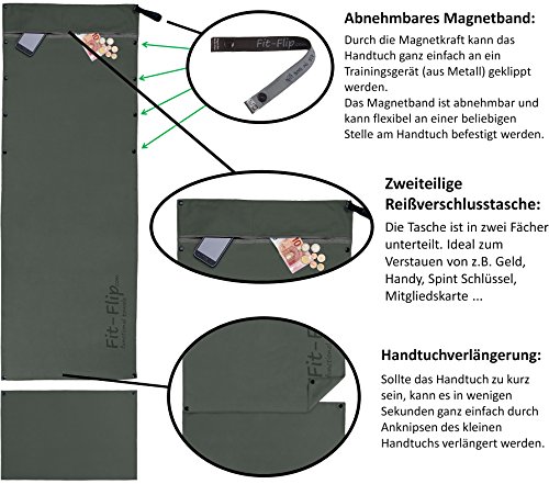 3-tlg Fitness-Handtuch Set mit Reißverschluss Fach + Magnetclip + extra Sporthandtuch | zum Patent angemeldetes Multifunktionshandtuch, Fit-Flip Microfaser Handtuch - 4