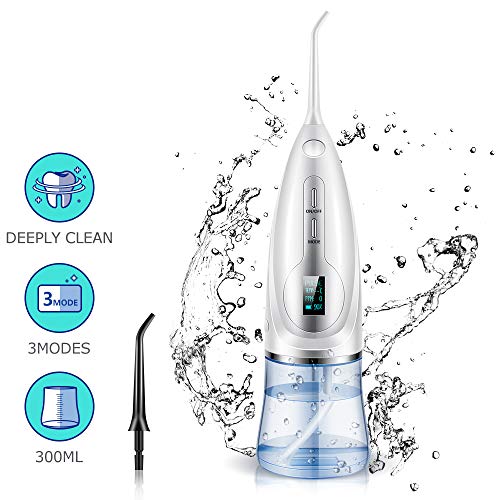 Irrigador Dental Portátil, 300ML Capacidad Tanque de Agua Desmontable 3 Modos de Limpieza USB Recargable Impermeable Pantalla LCD Cuidado Dentístico Familiar, usos en viajes y en el hogar (White)