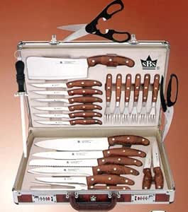 Messerkoffer 24-tlg. plus Aluminiumkoffer, Griffe aus Holz, Steakmesser