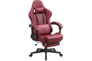 Dowinx fotel gamingowy, ergonomiczny fotel biurowy z masażem, podparcie okolic lędźwiowych, styl sportowy, skóra poliuretanowa, wysokie oparcie, regulowany fotel obrotowy z podnóżkiem (kolor bordowy)