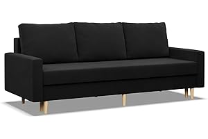 ‎MEBLIGO Mebligo - Sofa mit Schlaffunktion und Bettkasten Blank, 3 Sitzer Sofa 212 cm Breit, Schlafsofa, Ausziehbares Couch auf Holzfüßen, Sofa Wohnzimmer, Schlafcouch - Sofa Schwarz