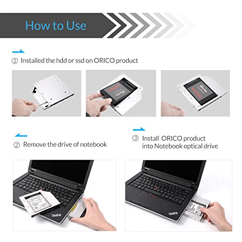 ORICO 2,5″ Festplattenrahmen Caddy auf 12,7 mm Notebook CD-/DVD-ROM Adapter, für 5 / 7 / 9,5 / 12,5 mm 2nd HDD oder SSD, Aluminium, mit Schraubendreher - 4