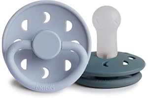 FRIGG Moon Phase Silicone Pacifier Pack of 2 | Silicone Soother Dummy | BPA-Free | Made in Denmark | Symmetrical Cherry Shaped Nipple (Powder Blue/Slate (6-18 Months))