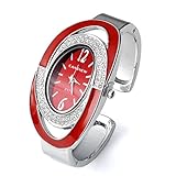 JSDDE Uhren,Elegant Damen Strassstein Oval Nebelfleck Spangenuhr Armbanduhr Analog Quarzuhr,Rot