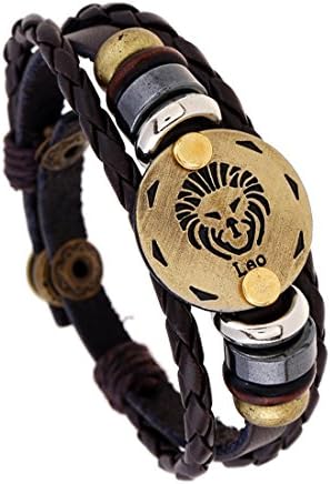 Qinyin Men’s Womens Retro Punk 12 Constellation Zodiac Sign Leo Bracelet Braided Leather Alloy Charm Bracelet Multilayer Cuff Wristband Bangle