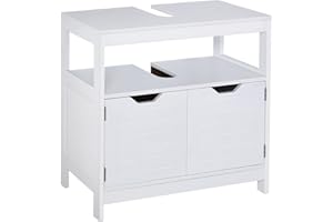 kleankin Armario para Debajo de Lavabo Gabinete de Baño con Estante 2 Puerta de Almacenamiento Dispositivo Antivuelco Resistente a la Humedad 60x30x60 cm Blanco