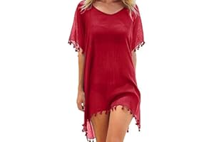 FFWTPY Mujer Suelto Vestido de Playa V Cuello Gasa Camisolas y Pareos con Borla Ropa de Baño de Playa Transparente Bikini Cover Up
