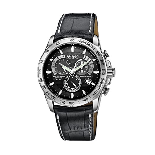 Citizen Men's Eco-Drive Chronograph Watch with a Black Dial and a Black Leather Strap AT4000-02E