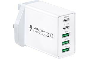 SAKUAOI USB C Plug, 50W 5-Port Fast USB C Charger Plug Adaptor UK, Dual Port PD Power Adapter + QC Wall Charger, USB Type C Charging Plug Hub for iPhone 16 15 14 13 12 Pro Max XS XR SE, Samsung, iPad, AirPods