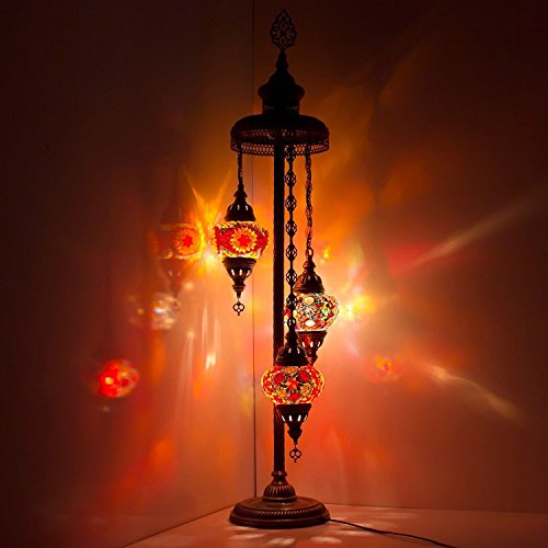 Preisvergleich Produktbild TK BAZAAR Stehlampe mit türkischem Mosaikkugel im atemberaubenden marokkanischen Stil, 3 mittelgroße Globe Lampenschirme