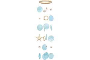 SKOOLOVE Sea Shells Wind Chimes - Handcrafted Aqua Green Capiz Shells Windchime with Starfish, Coastal Style Decor for Indoor/Outdoors, Garden Decor, Great Gift for Women, Wind Chimes Lovers and More