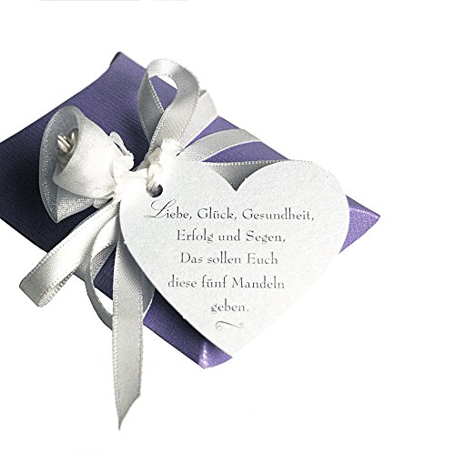 Geschenkanhänger "Hochzeitsmandel-Spruch", herzförmig, 10 St. - Herz-Anhänger in weiß mit Spruch für Gastgeschenke mit Hochzeitsmandeln, für Hochzeit, Taufe, Konfirmation, Kommunion