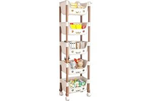 DBLWIN Toy Storage Trolley, Rolling Cart Storage Organizer, Snack Storage Cart, Utility Rolling Cart for Office Bathroom Kitchen Bedroom (White-Brown Legs, 5 Tier)