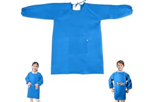 XLZJYIJ Malerkittel Kinder, Bastelschürze für Kinder, Malschürze Kinder 8-11 Jahre, Kinder Schürzen mit Tasche, Kochschürze Kinder für Schule Kunst Malerei, Kochen, Größe L(Blau)