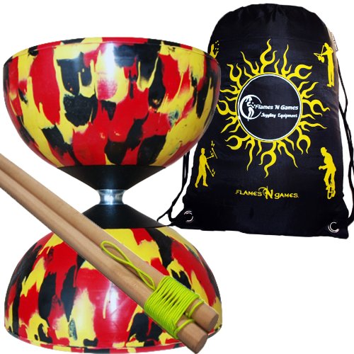 Mr Babache Diabolo Arlecchino (Nero/Giallo/Rosso) con Bacchette Legno Per Diablo, Filo Diabolo + borsa.