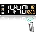 LOVEQI Large Digital Wall Clock with Remote Control, Modern Rectangular Alarm Clock with 16 Inch LED Display, Dimmable Wall Mounted Digital LED Clock for Home, Office and Gym (Orange)