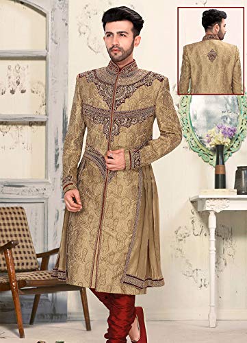 Venisons Cream Jacquard Silk Wedding Wear Heavy Embroidery Work Sherwani