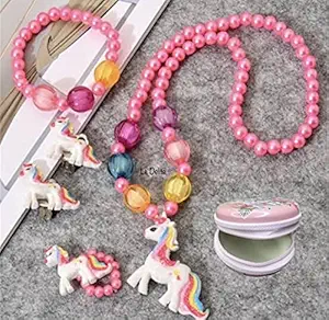 Le Delite Kids Jewellery Combo - Unicorn Metal Box Tin Case Pouch Pearl Mala Pendent with Chain, Earrings, Bracelet, Finger Ring, Necklace Jewelry Set